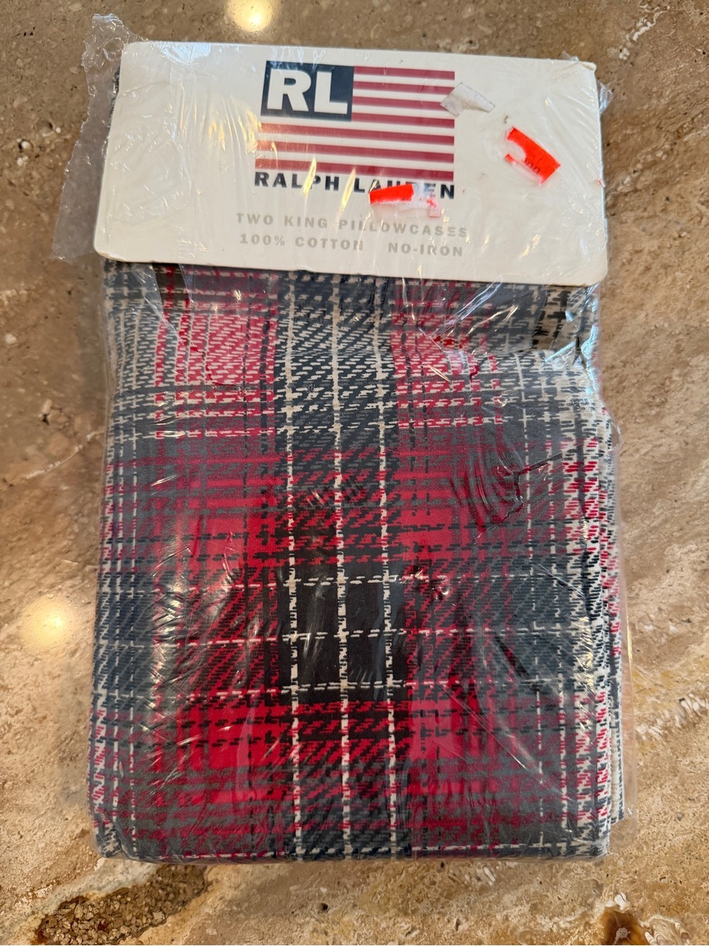 Ralph Lauren Vintage Granger Plaid King Pillowcases Red Black Denim Style NOS